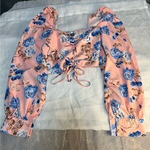 Pink Floral Puff Sleeve Lace-Up Crop Top | Romantic Y2K Cottagecore